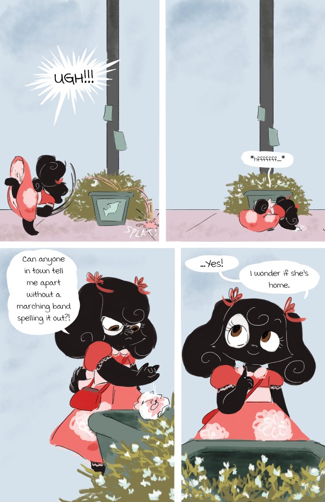A cartoon character, a small black dog wearing a red dress, is expressing frustration while sitting on a pile of leaves next to a trash can. In the first panel, she shouts 'UGH!!!'. In the second panel, she hears a noise and reacts with curiosity. In the final panels, she asks for help and wonders if someone is home.