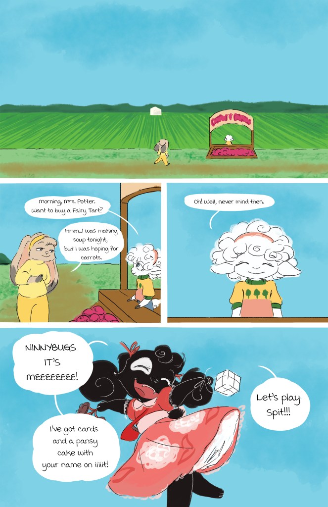 A comic strip with three panels depicting a conversation between a rabbit character and a woman, with a colorful market backdrop. The first panel shows the rabbit asking Mrs. Potter if she wants to buy a Fairy Tart. The second panel features a character with curly hair looking cheerful. The third panel shows an excited dark-haired character in a red dress, announcing their arrival and suggesting they play a game called Spit.