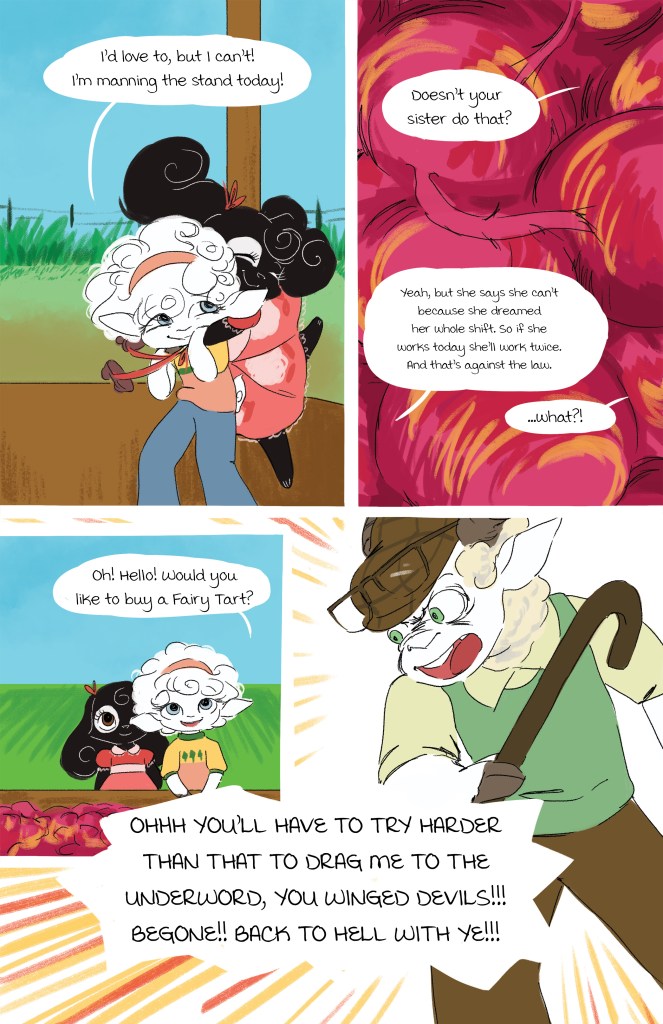 A colorful comic panel featuring two characters, one with curly black hair and the other with curly white hair, discussing manning a stand. A third character, wearing a hat and looking animated, expresses frustration about being dragged to the underworld. Background includes a green field and a basket of produce.