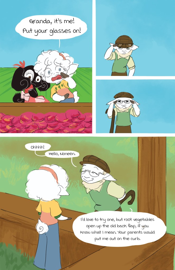 A comic strip featuring a grandparent and a child. The child, with curly hair, is urging the grandparent to put on his glasses. They are surrounded by a colorful background with animated characters and dialogue about trying root vegetables.