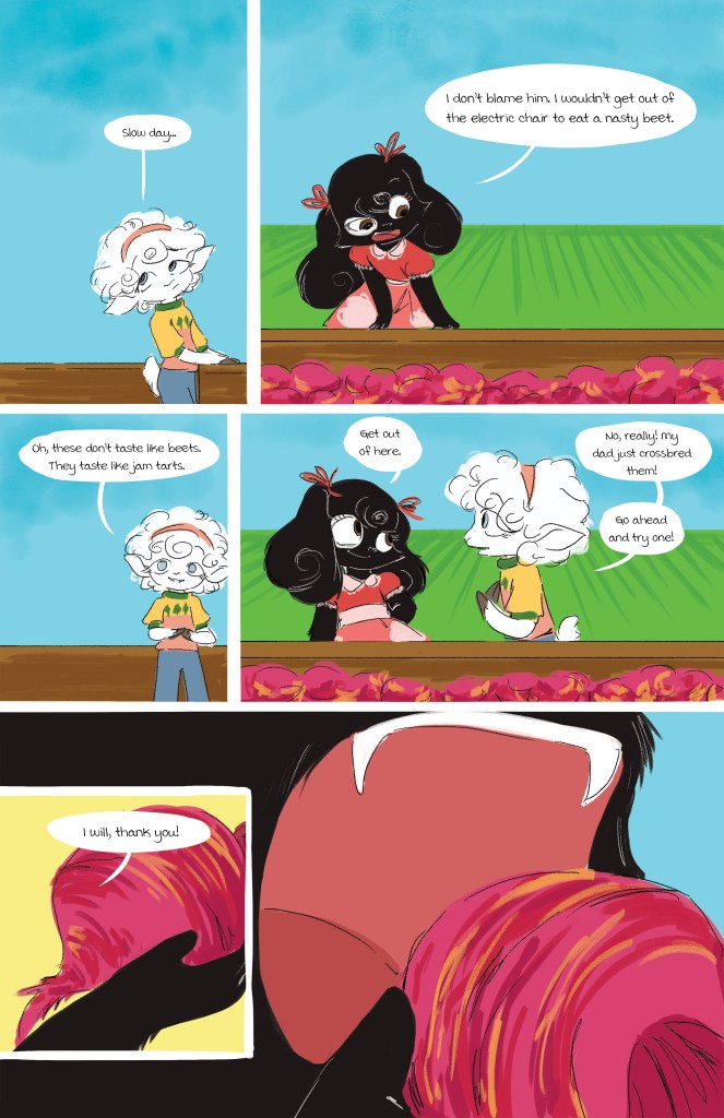 A comic panel featuring a humorous conversation between two characters about beets and jam tarts, with colorful, cartoonish art.