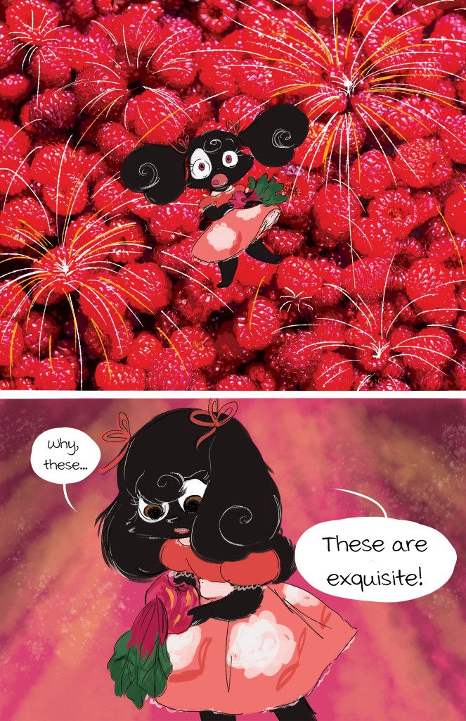 A whimsical cartoon character with curly black hair and a pink dress, standing among vibrant red strawberries. The character expresses admiration with a speech bubble saying, 'These are exquisite!'
