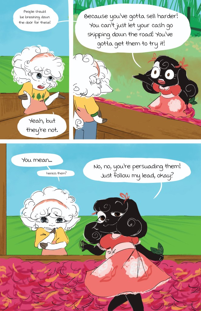 A comic illustration showing two cartoon characters discussing sales techniques. One character, with curly white hair, expresses frustration about customers not buying products, while the other character, with black hair and a red dress, encourages a more persuasive approach.