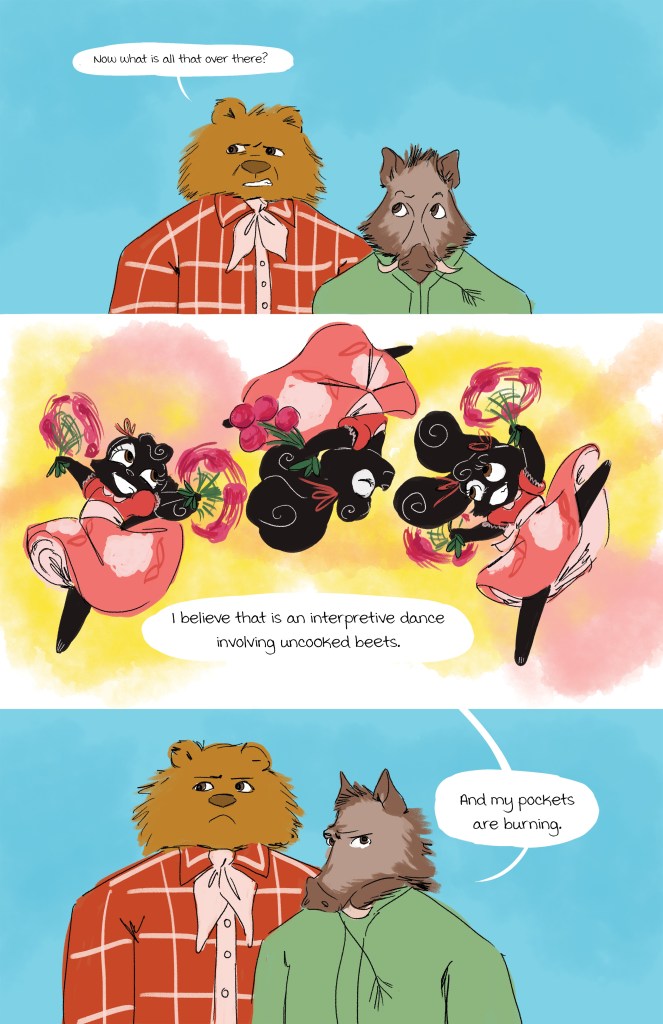 Two anthropomorphic animals, a bear in a checked shirt and a wolf in a green shirt, observe a colorful performance by dancing characters resembling black and pink beets.