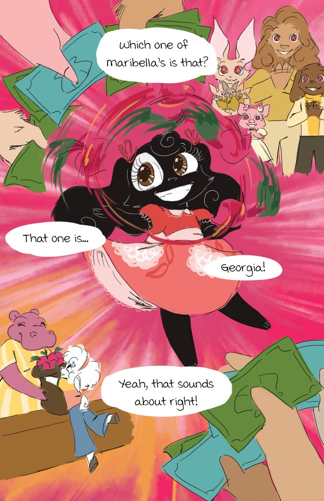 A vibrant illustration featuring several characters, including a cheerful round character named Georgia with a flower in her hair, surrounded by others who are interacting and exchanging money in a lively setting.