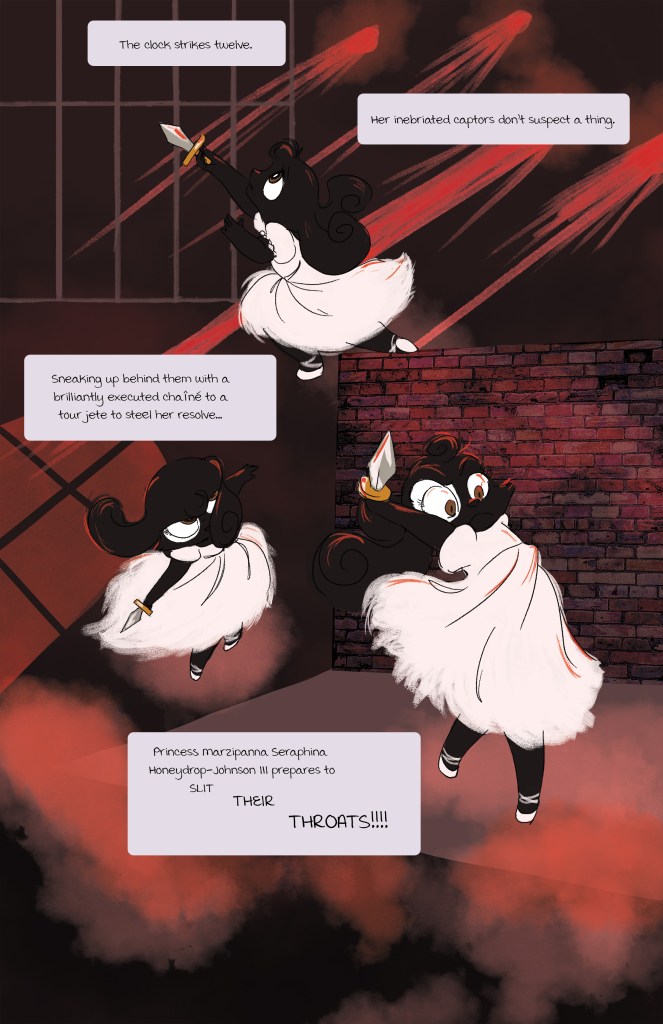 A cartoonish character, Princess Marzipanna Seraphina Honeydrop-Johnson III, dressed in a white dress, stealthily approaches armed with a knife, ready to confront her captors as a clock strikes midnight, with dramatic red and smoky backgrounds.