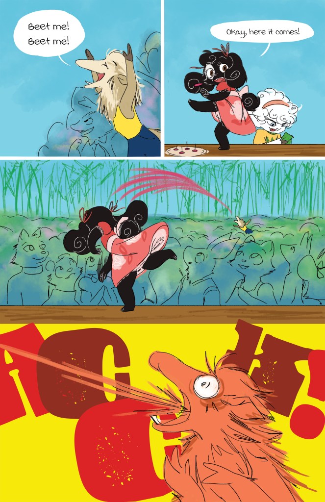 A comic strip featuring anthropomorphic animals. The first panel shows a character with a wolf-like face shouting 'Beet me! Beet me!' The second panel depicts a fluffy character preparing to throw something. The third panel shows a crowd of animals, and the last panel has a shocked animal exclaiming 'Gah!' as it reacts to what is thrown.