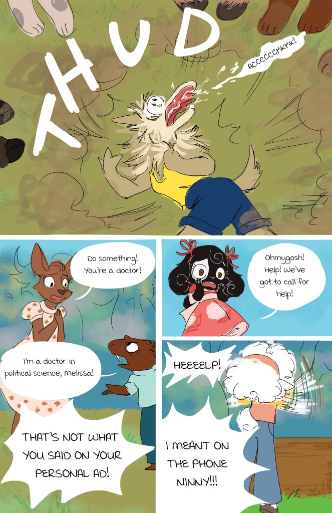 A comic panel featuring various animal characters reacting to a situation where one character, a goat, appears to have fallen and is flailing on the ground. The animals are expressing concern and urgency, with speech bubbles indicating a mix-up about a doctor's qualifications.
