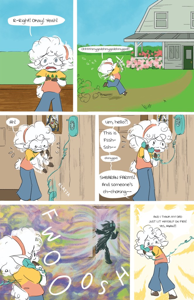 A comic strip featuring a character with curly hair and an expressive face, reacting with urgency. The first panel shows them holding a phone and talking excitedly, while the second panel reveals concern about someone in danger. The bottom panels depict a chaotic scene with colorful swirling patterns and the character looking alarmed as they continue the conversation.