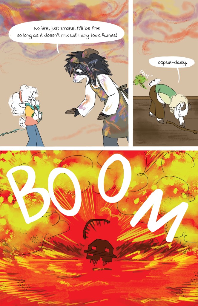 A comic panel featuring two characters discussing smoke and toxic fumes, with a colorful explosion and the word 'BOOM' prominently displayed.