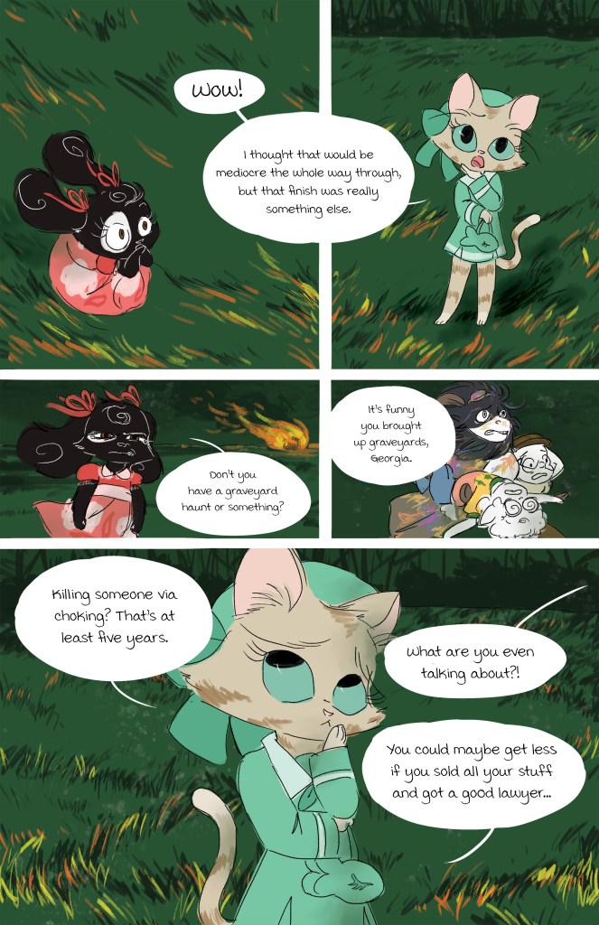 A comic panel featuring anthropomorphic characters in a forest setting. One character expresses surprise, while another discusses the quality of a finish and mentions graveyards and legal consequences. The characters display various emotions, including curiosity and humor.