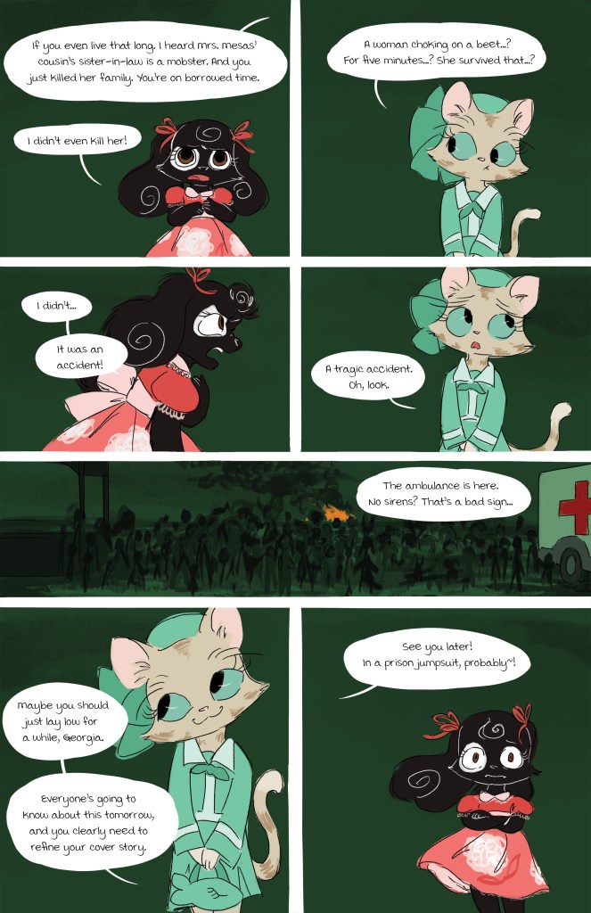 Comic panel depicting two anthropomorphic characters: a cat and a girl with curly hair, discussing a recent incident involving a woman choking.