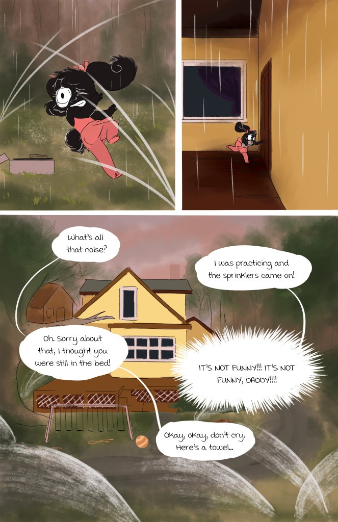 A cartoon scene depicting a young girl running in the rain while sprinklers go off. In a split-panel, she is shown indoors, frustrated, while her father tries to comfort her with a towel.