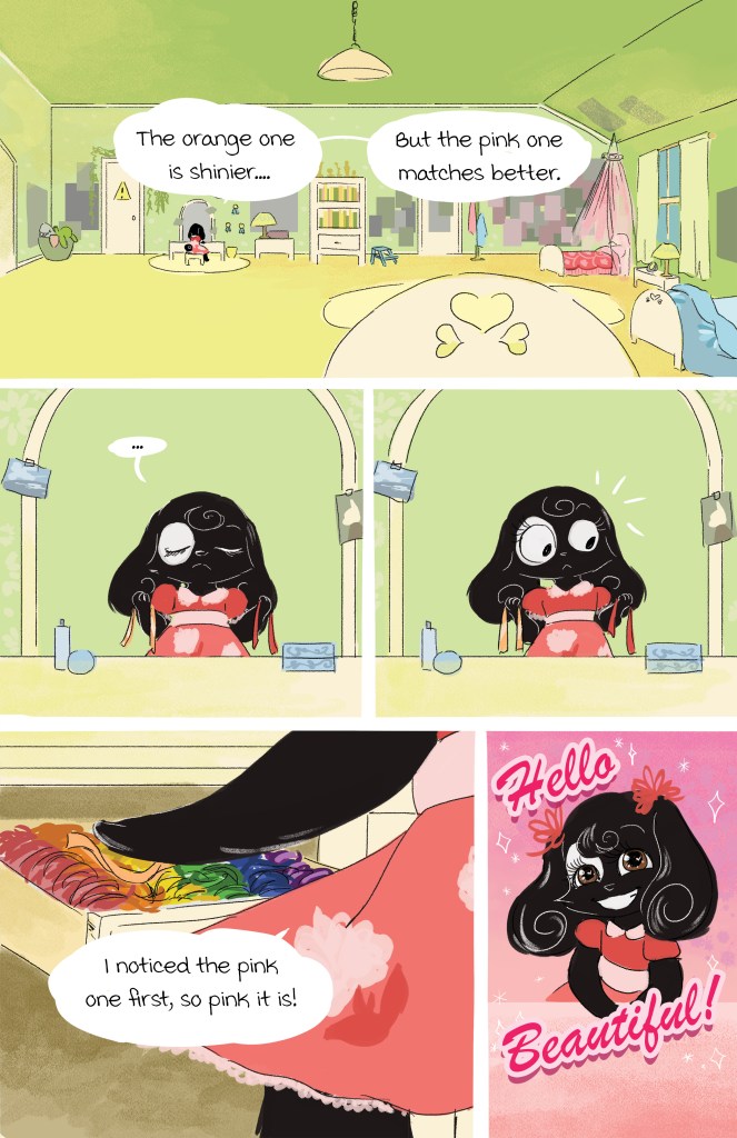 A colorful comic strip featuring a character contemplating between a shiny orange item and a pink one that matches better. The character decides to go with the pink item, expressing excitement about their choice.