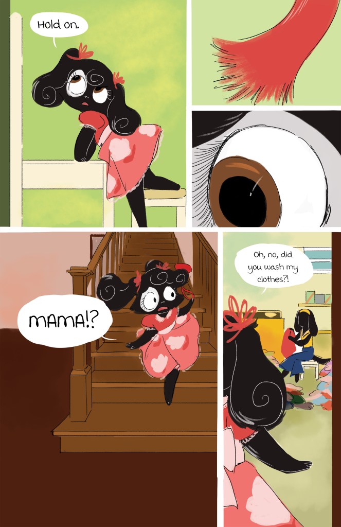A cartoon character with curly black hair and a pink dress is looking back while standing on the stairs, expressing surprise. Dialogue bubble says 'Hold on.'