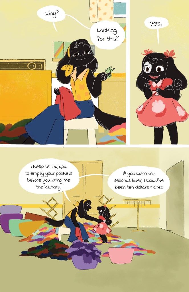 A cartoon scene featuring two animal characters, one wearing a colorful outfit and sitting on a chair, holding a piece of money. The other character, in a pink dress, looks excited. They are discussing laundry, emphasizing the importance of emptying pockets before washing clothes.