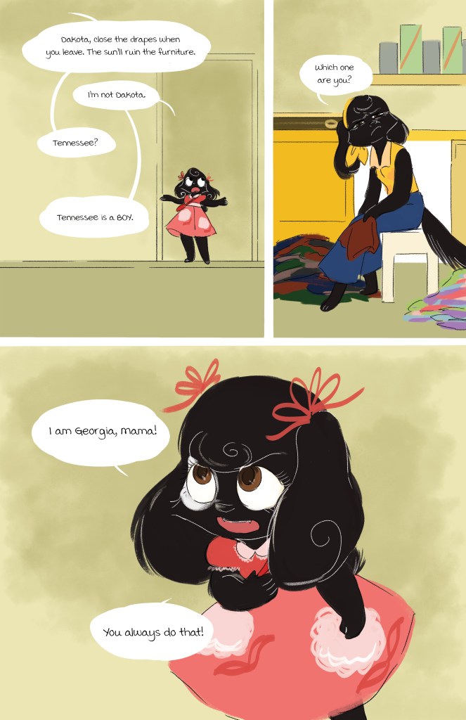 A comic panel featuring two anthropomorphic characters: a small girl in a red dress with black hair and pigtails, and an adult figure in casual clothes. The girl is speaking to her mother and correcting her name, while the mother appears confused.