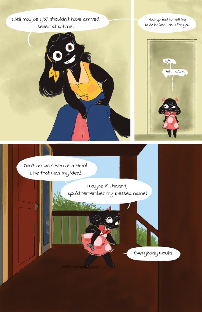 A cartoon character with black fur and a cheerful expression wearing a yellow top and pink skirt, speaking to another character off-screen. The scene shows her in a home setting with colorful dialogue bubbles discussing arriving times.