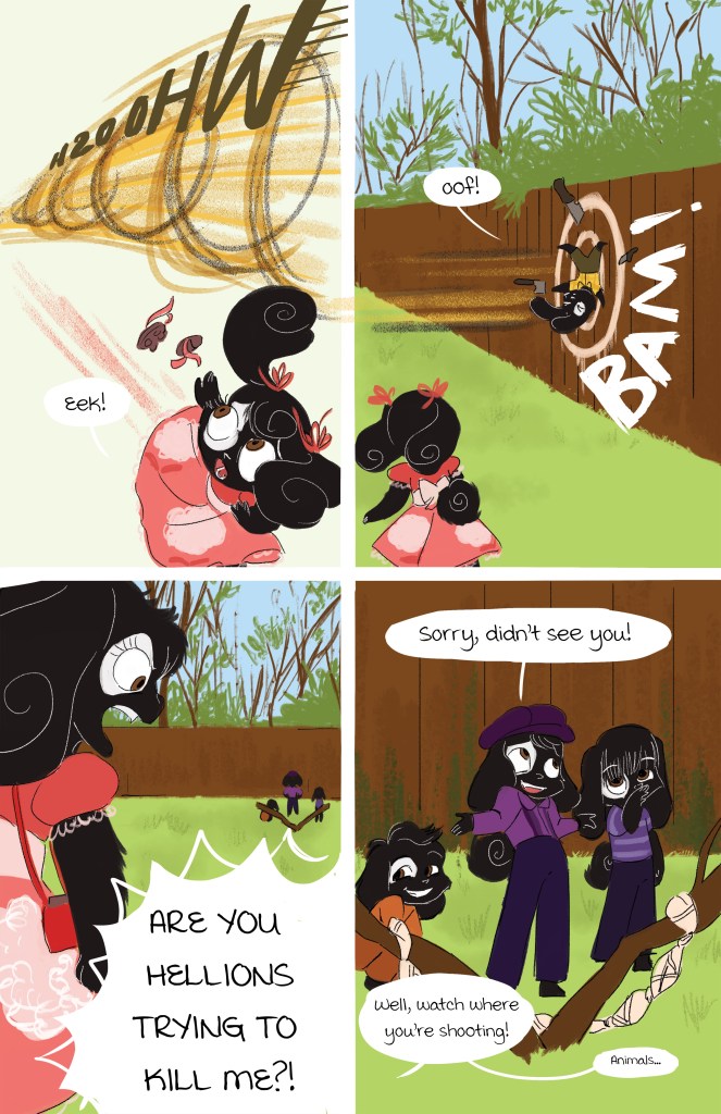A comic strip featuring cartoon animals engaged in playful antics. In the first panel, a startled character reacts to a speeding object with a panicked expression. The second panel shows the same character colliding with a wooden fence, creating a 'BAM!' effect. The third panel depicts another animal character inquiring if the first one is being mischievous. The fourth panel has a lighthearted conversation about how to be careful while shooting.